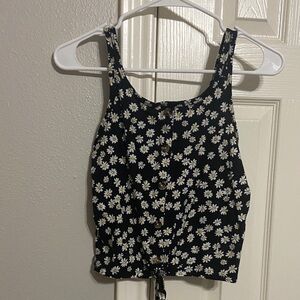 Daisy Print Tie-Front Tank Top - Black